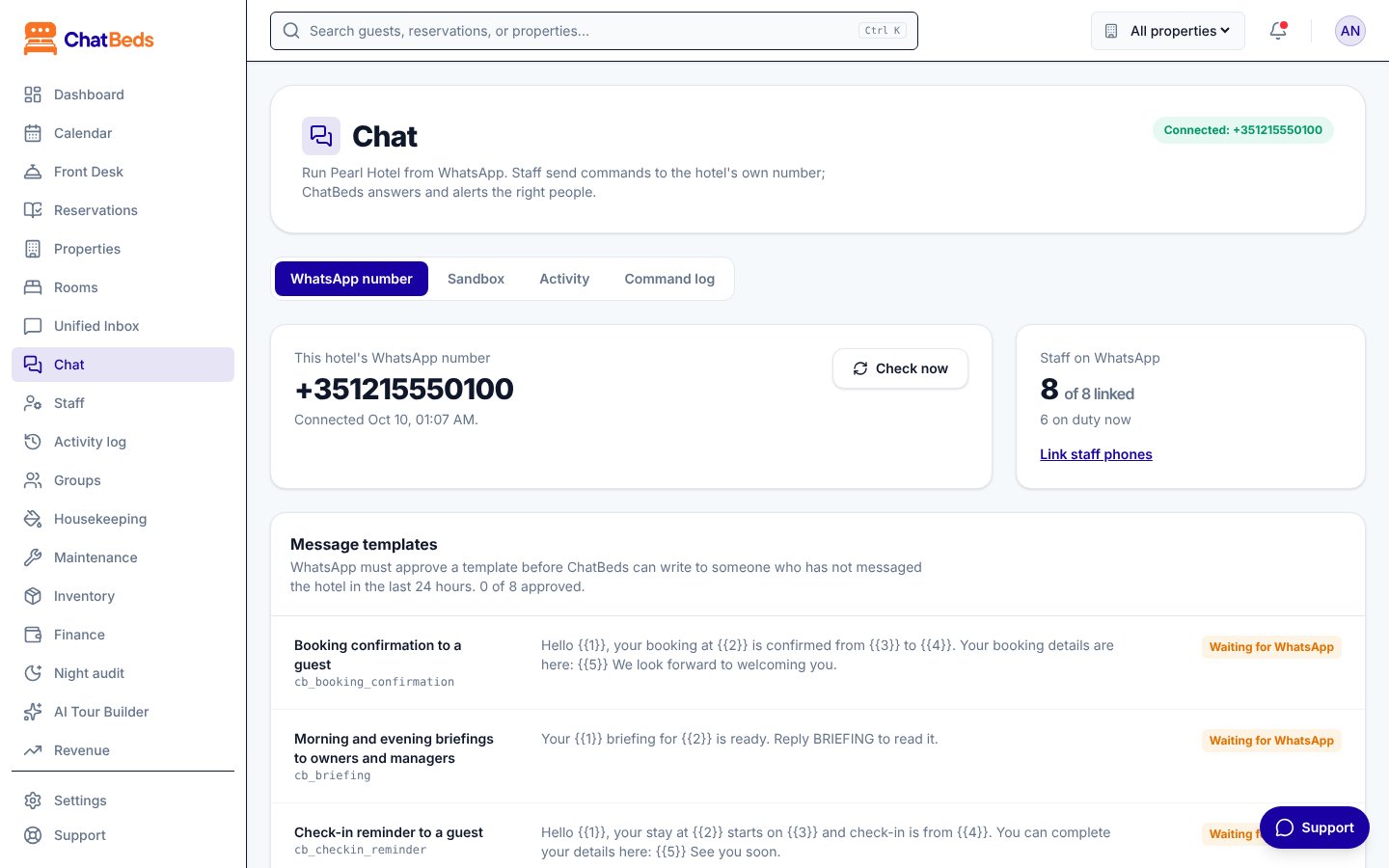 The Chat page, where you connect your hotel's WhatsApp number