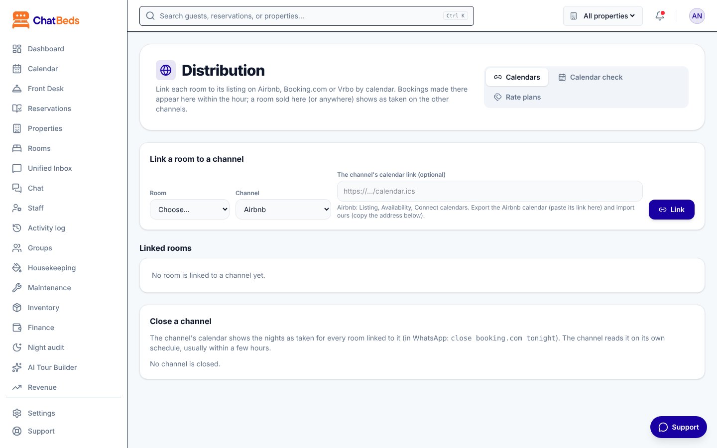 The Distribution page: each room linked to its channels
