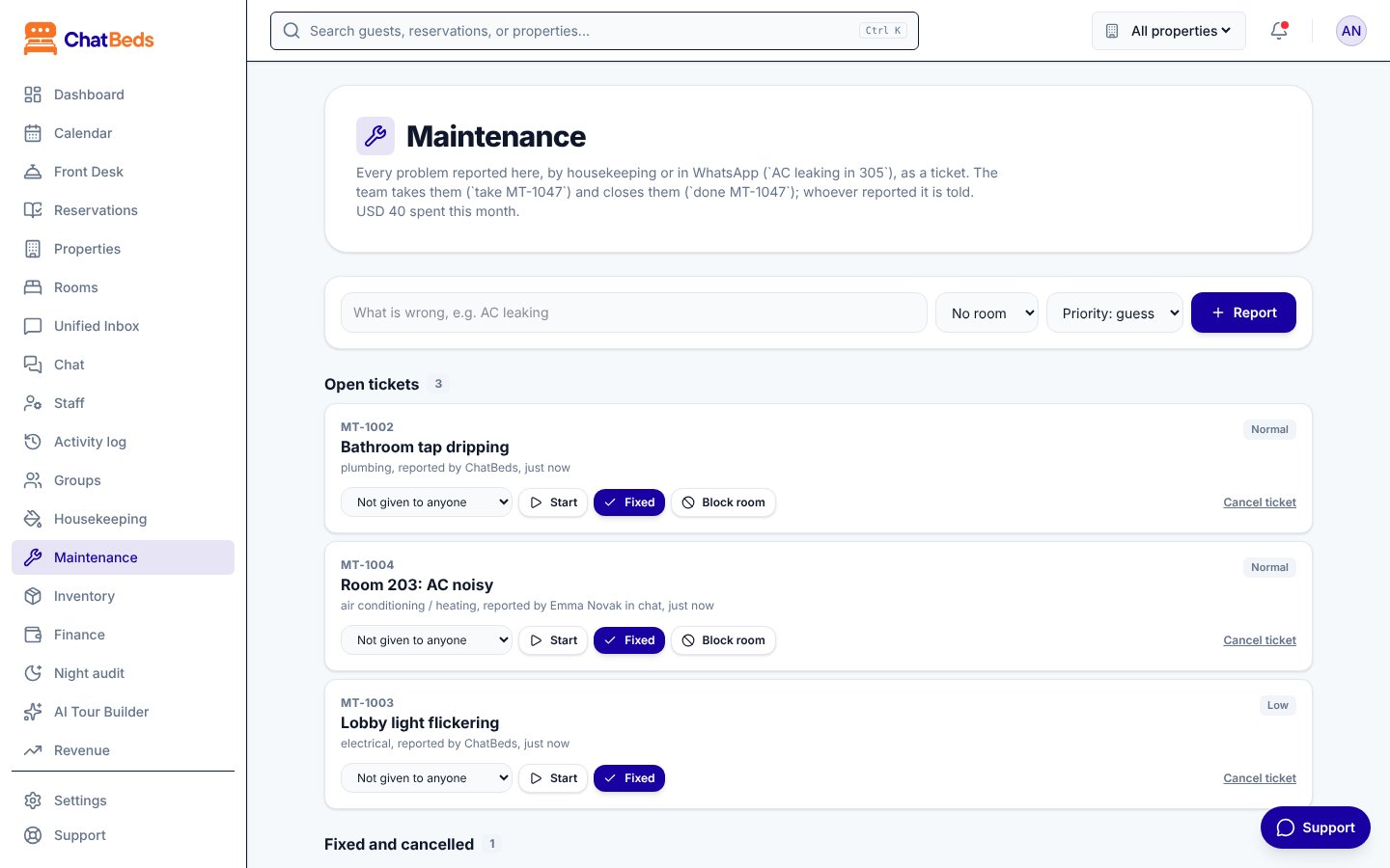 The maintenance desk with open tickets