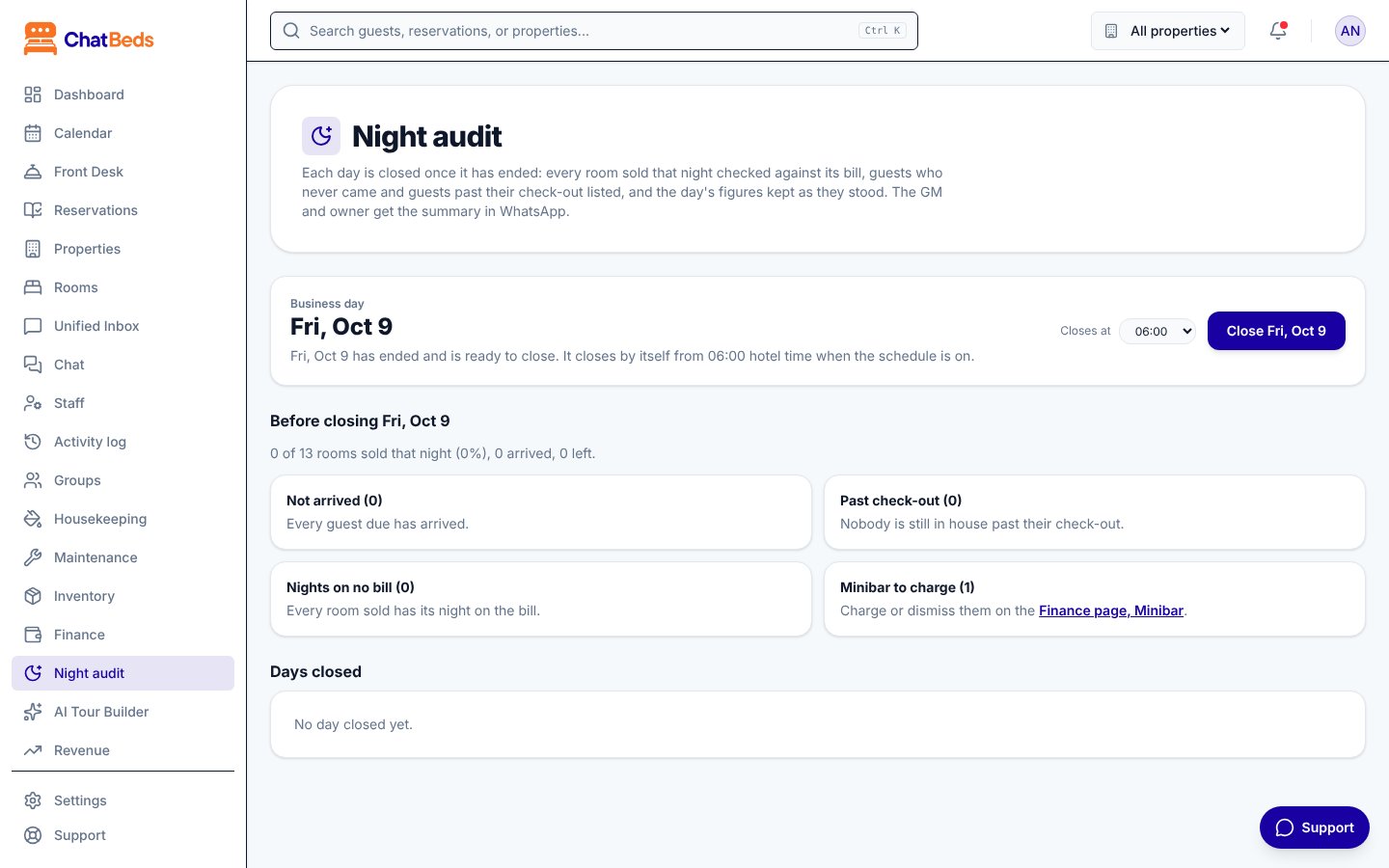 The Night audit page