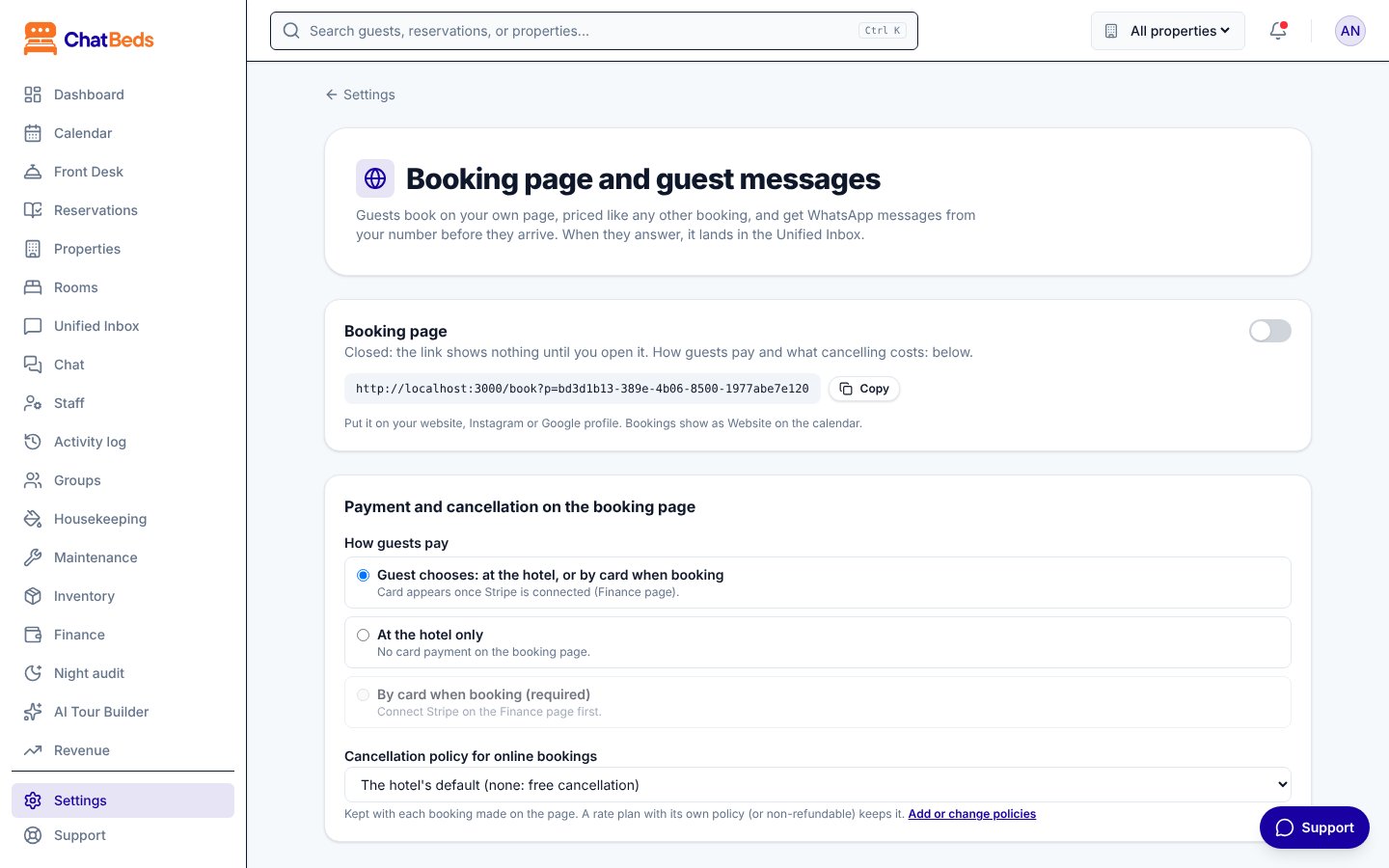 Booking page settings