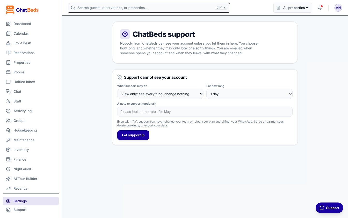 ChatBeds support access settings