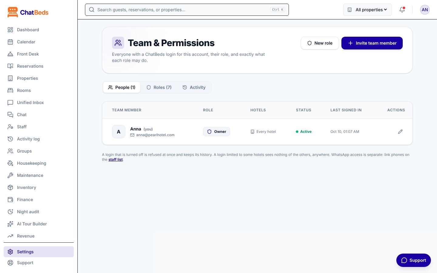 Team and permissions settings