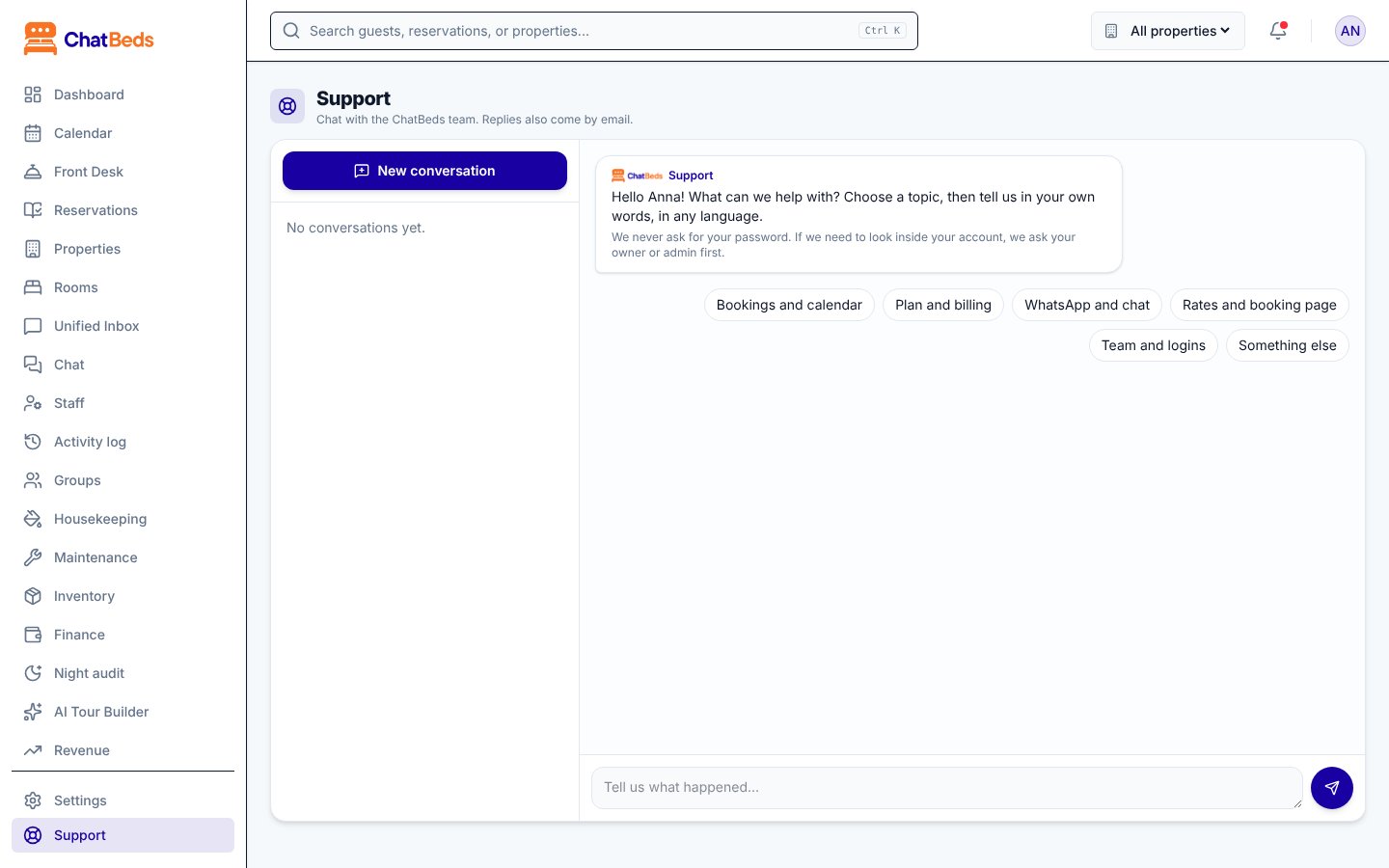 The Support page in the app